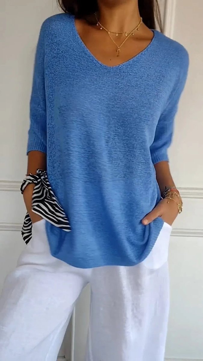 Damen Strick-Top V-Ausschnitt Halbarm weicher Oversize-Schnitt