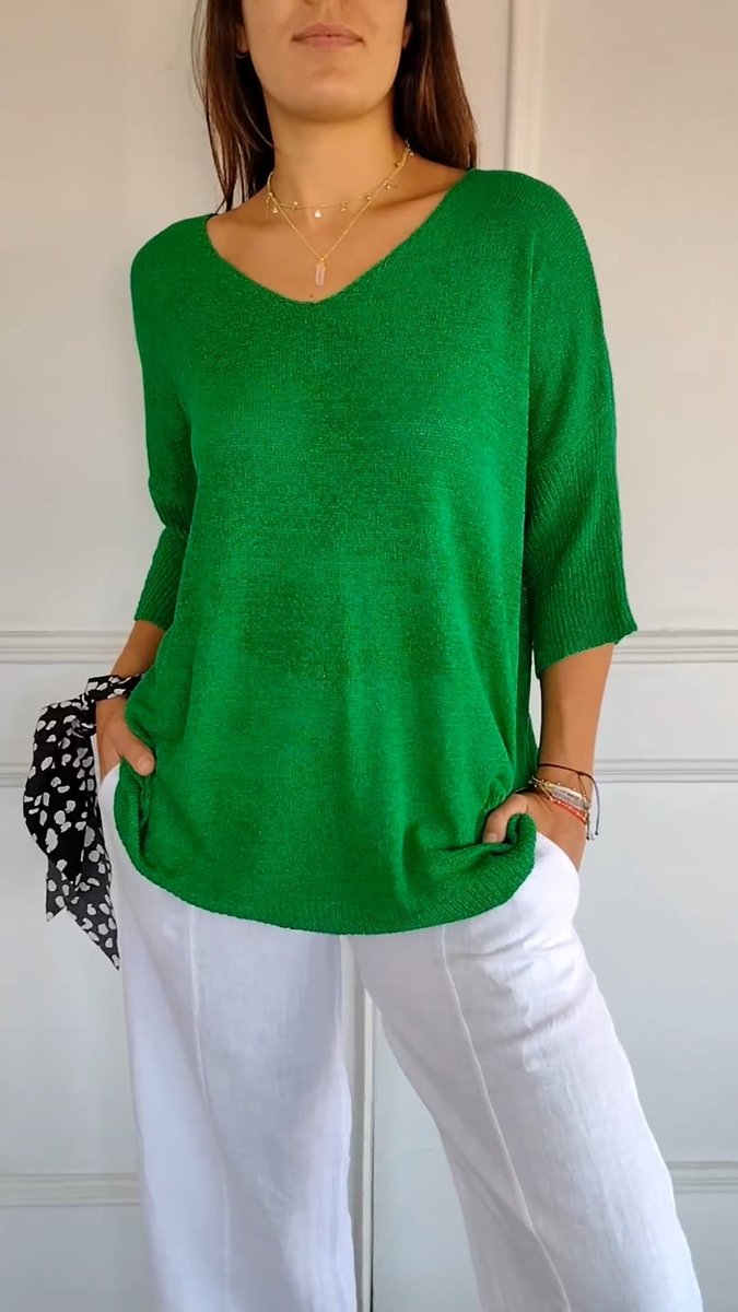 Damen Strick-Top V-Ausschnitt Halbarm weicher Oversize-Schnitt - Grün