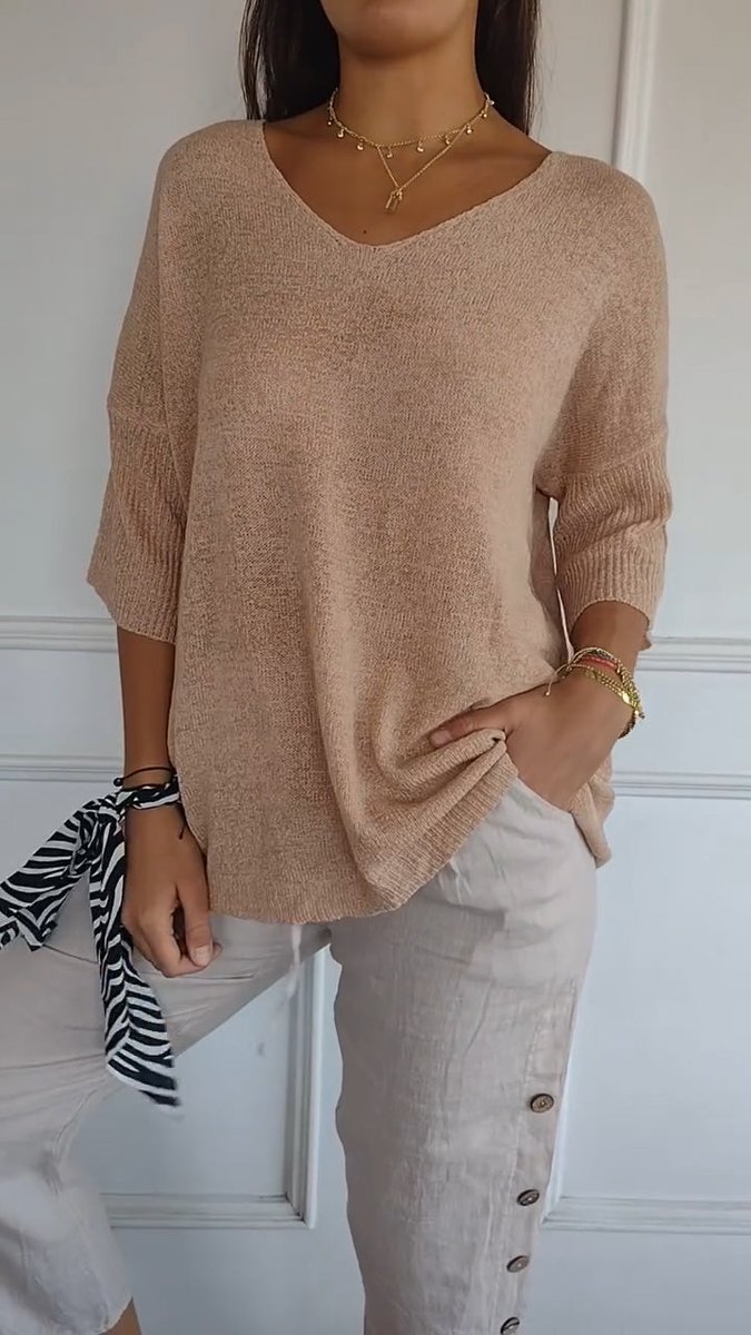 Damen Strick-Top V-Ausschnitt Halbarm weicher Oversize-Schnitt - Aprikose