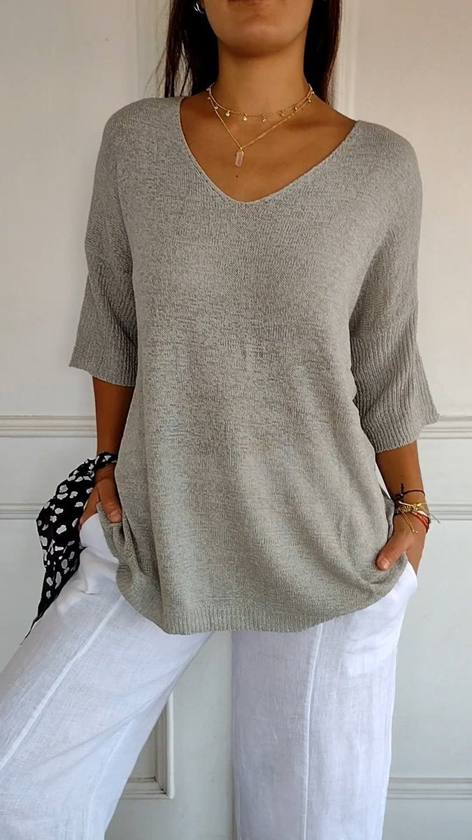 Damen Strick-Top V-Ausschnitt Halbarm weicher Oversize-Schnitt - Grau