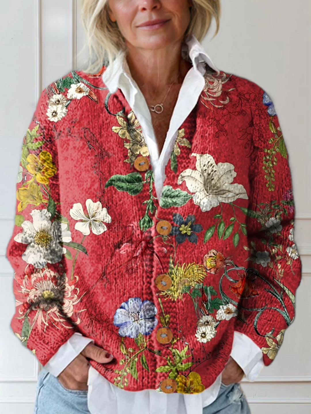 Damen Strickjacke Blumenmuster Vintage Cardigan Geknöpft - Red