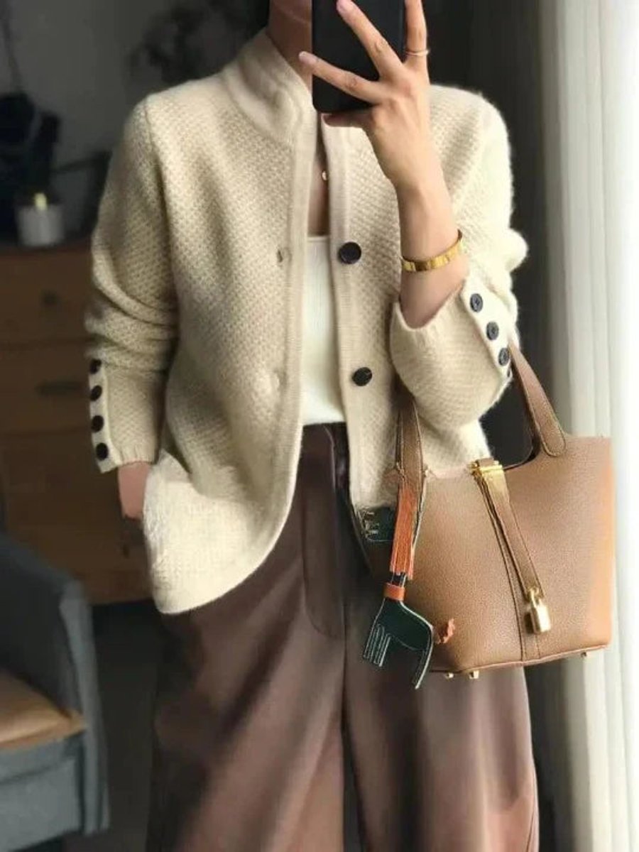 Damen Strickjacke Kaschmir Cardigan mit Knopfleiste - Beige