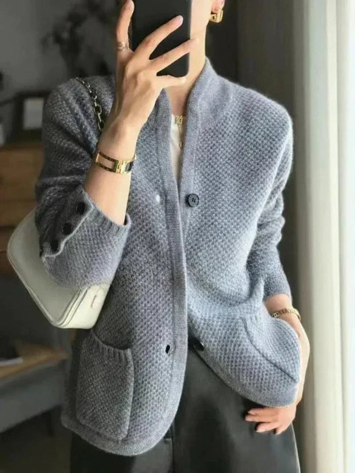 Damen Strickjacke Kaschmir Cardigan mit Knopfleiste - Blau