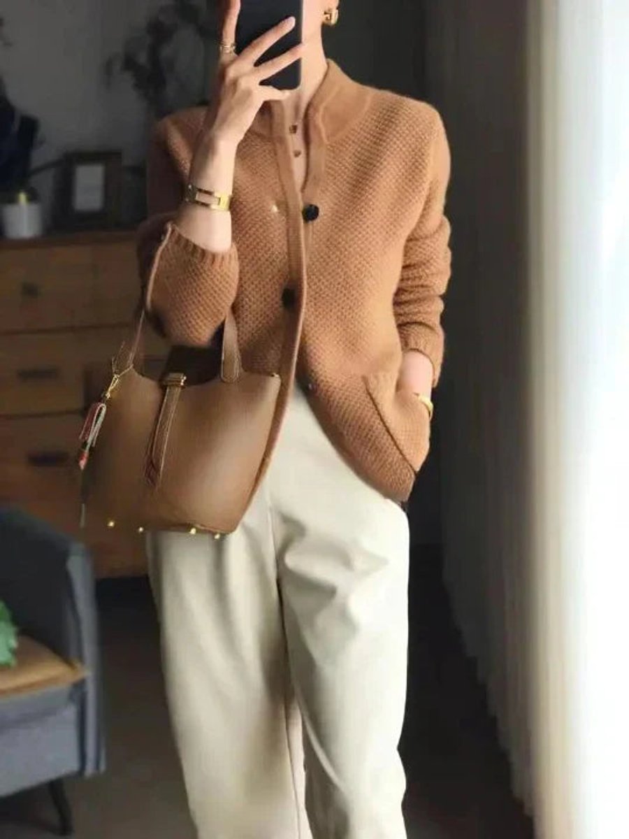 Damen Strickjacke Kaschmir Cardigan mit Knopfleiste - Braun