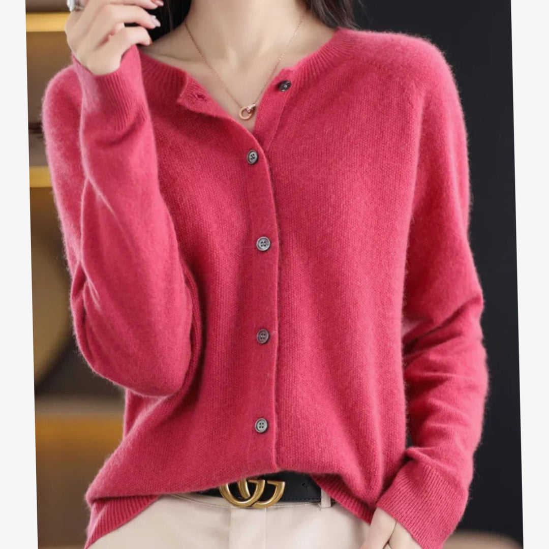 Damen Strickjacke klassischer Knopfleiste Lockere V-Ausschnitt Strickjacke - Dunkelrosa