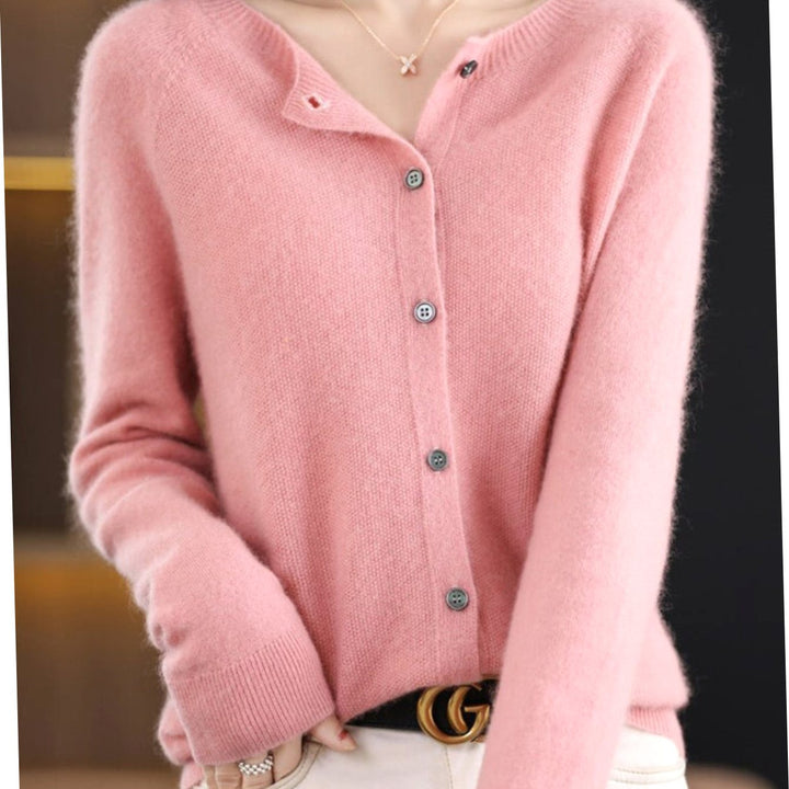 Damen Strickjacke klassischer Knopfleiste Lockere V-Ausschnitt Strickjacke - Hellrosa
