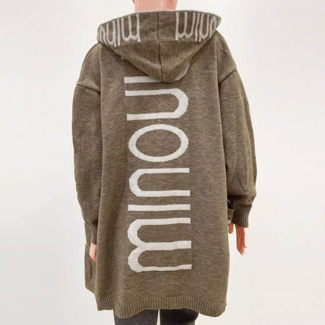Damen Strickjacke mit Kapuze Langarm Schriftzug Muster