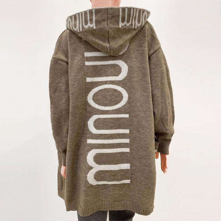 Damen Strickjacke mit Kapuze Langarm Schriftzug Muster
