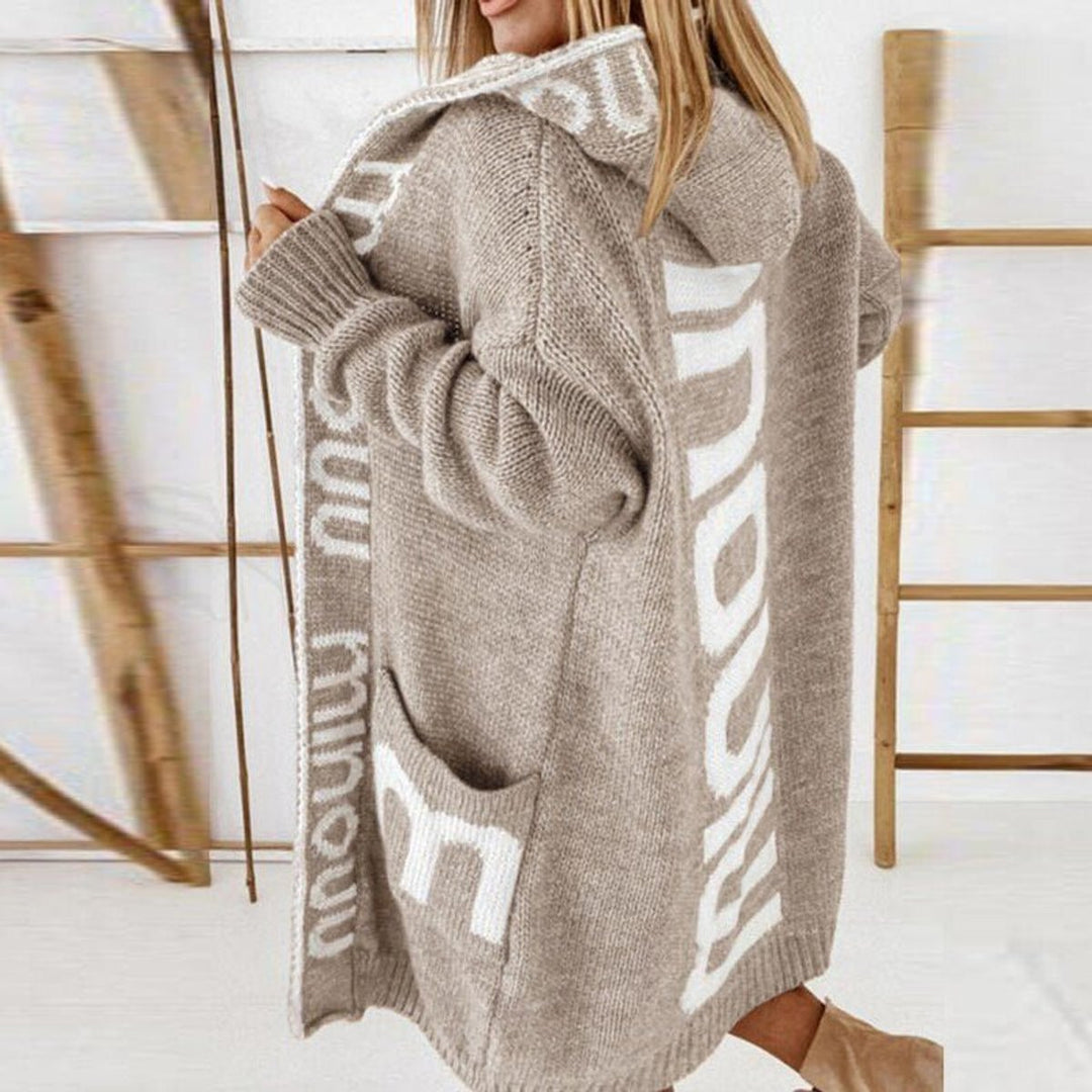 Damen Strickjacke mit Kapuze Langarm Schriftzug Muster - Beige