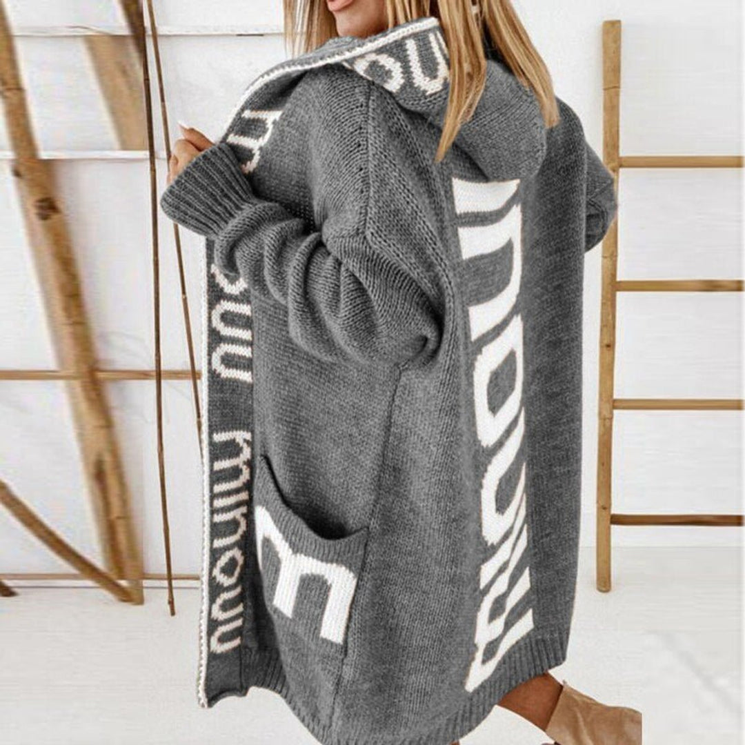 Damen Strickjacke mit Kapuze Langarm Schriftzug Muster - Grau