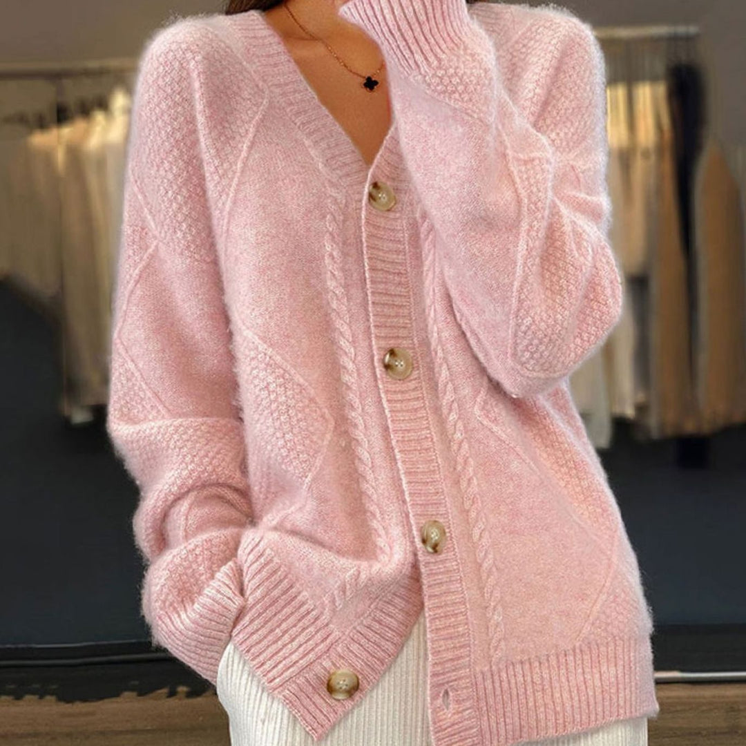 Damen Strickjacke mit langen Ärmeln Zopfmuster V-Ausschnitt Cardigan - Rosa