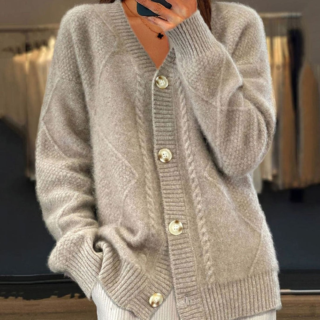 Damen Strickjacke mit langen Ärmeln Zopfmuster V-Ausschnitt Cardigan - Grau