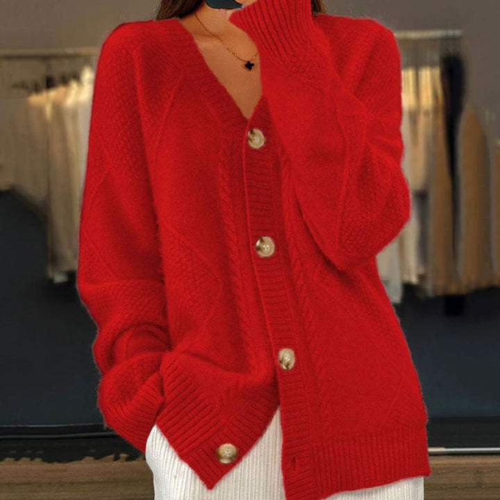 Damen Strickjacke mit langen Ärmeln Zopfmuster V-Ausschnitt Cardigan - Rot