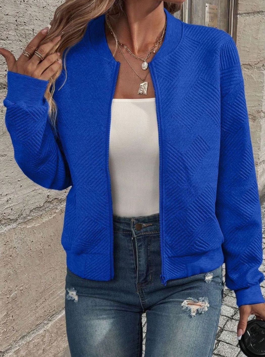 Damen Strickjacke mit Reißverschluss und Struktur - Blau