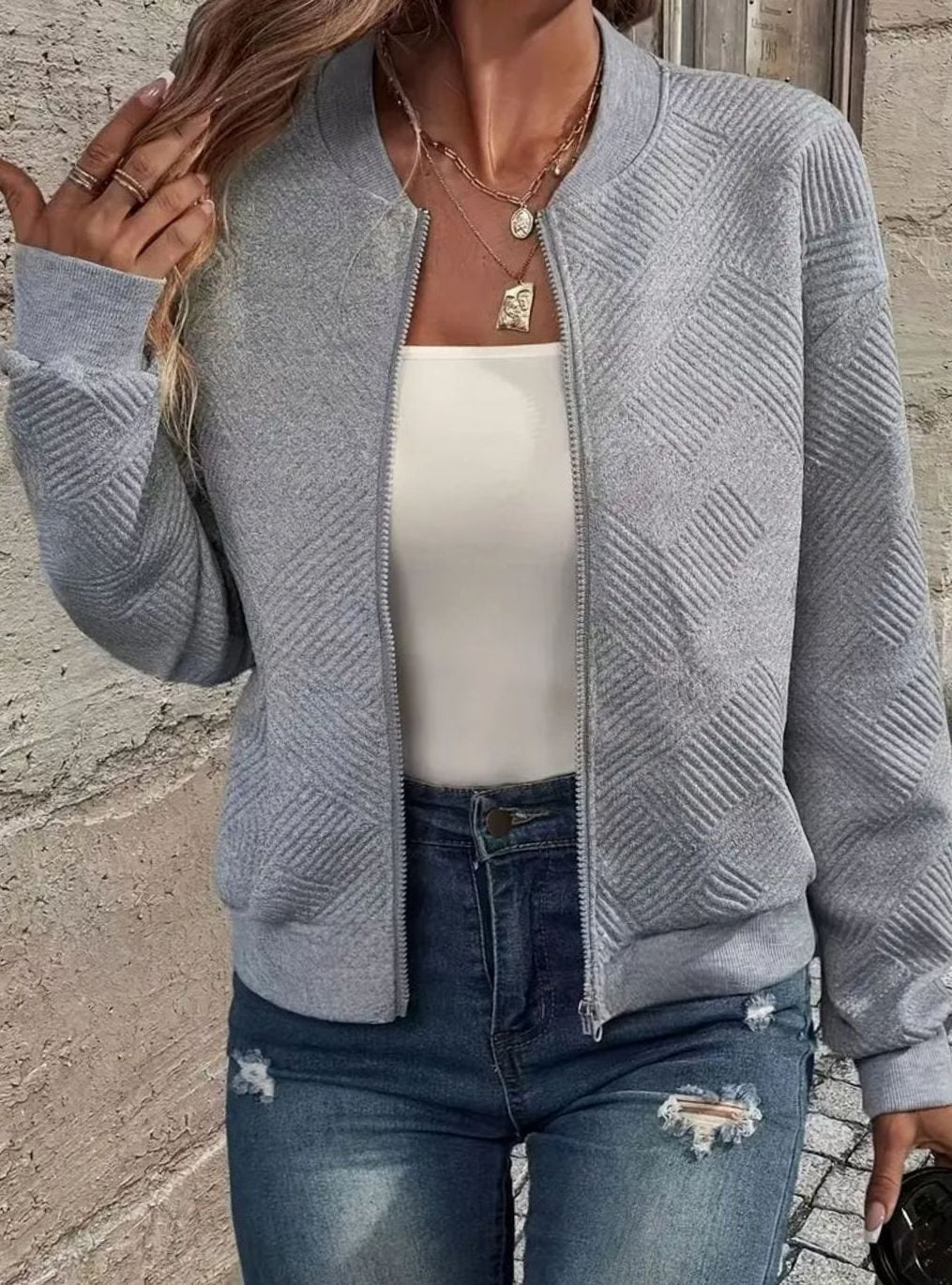Damen Strickjacke mit Reißverschluss und Struktur - Grau