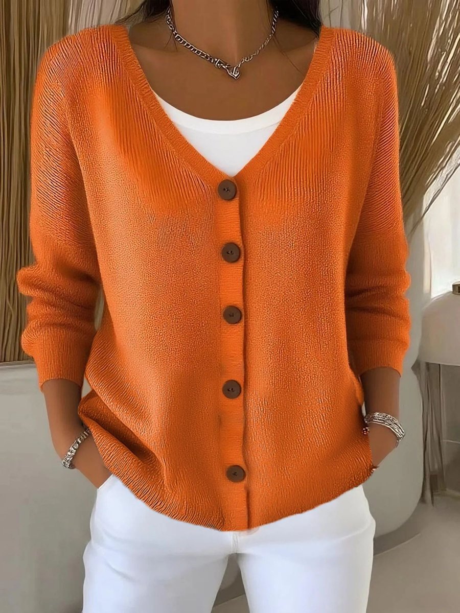 Damen Strickjacke V-Ausschnitt Langarm Knopfleiste Sweater Women - Orange