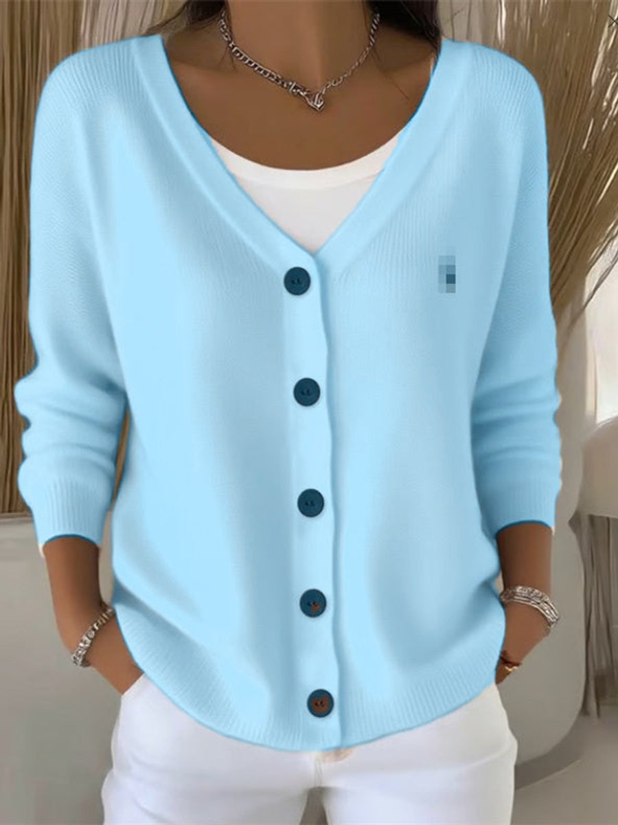 Damen Strickjacke V-Ausschnitt Langarm Knopfleiste Sweater Women - Blau