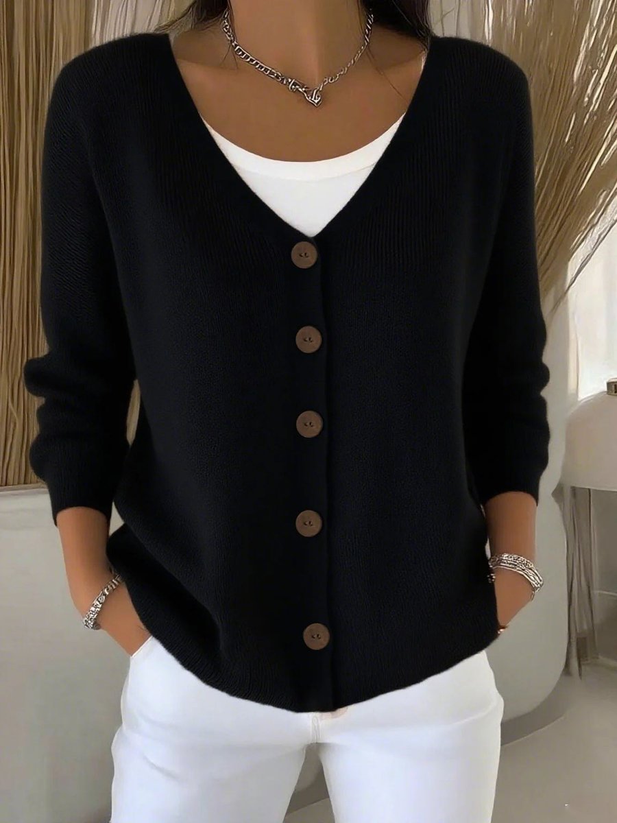 Damen Strickjacke V-Ausschnitt Langarm Knopfleiste Sweater Women - Schwarz