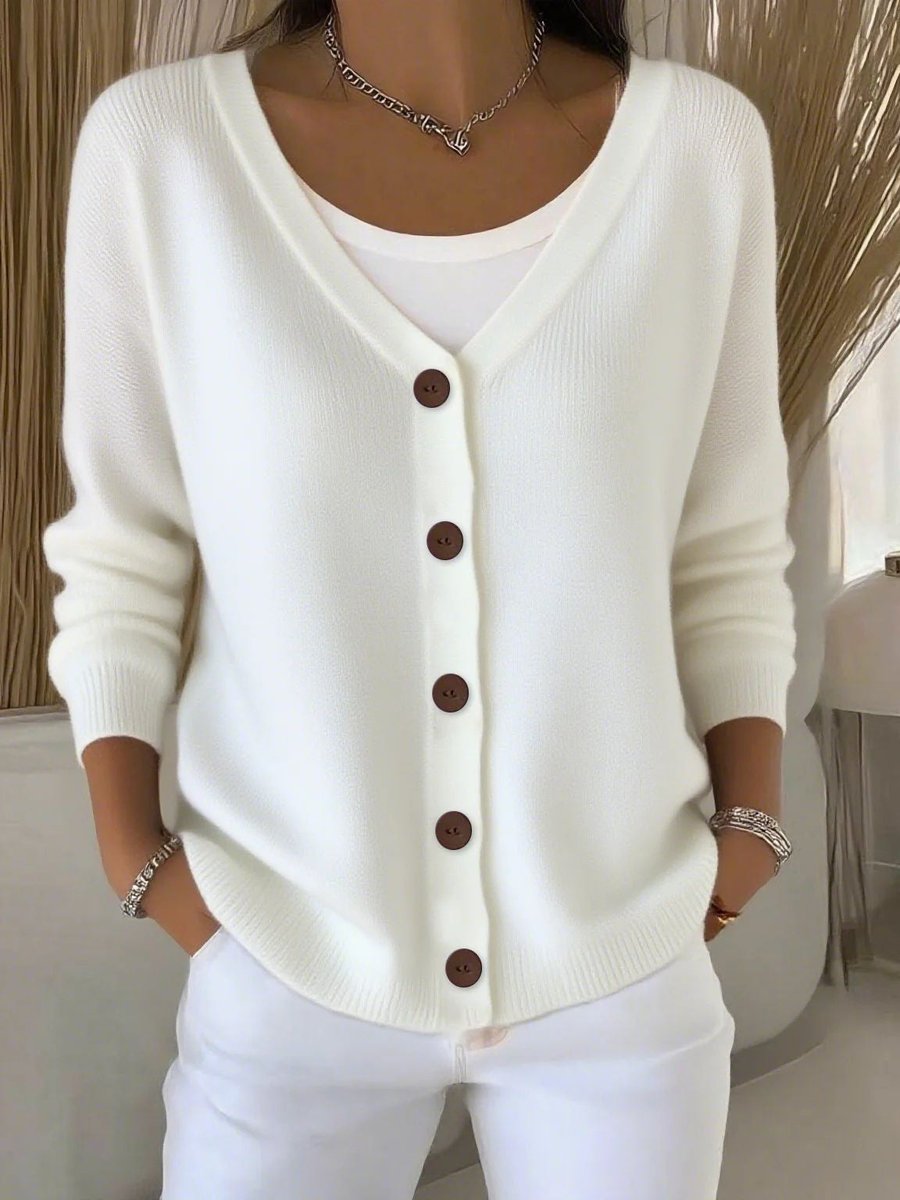 Damen Strickjacke V-Ausschnitt Langarm Knopfleiste Sweater Women - Weiß