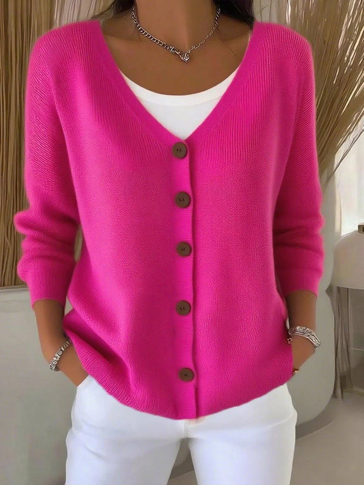 Damen Strickjacke V-Ausschnitt Langarm Knopfleiste Sweater Women - Rosa Rot