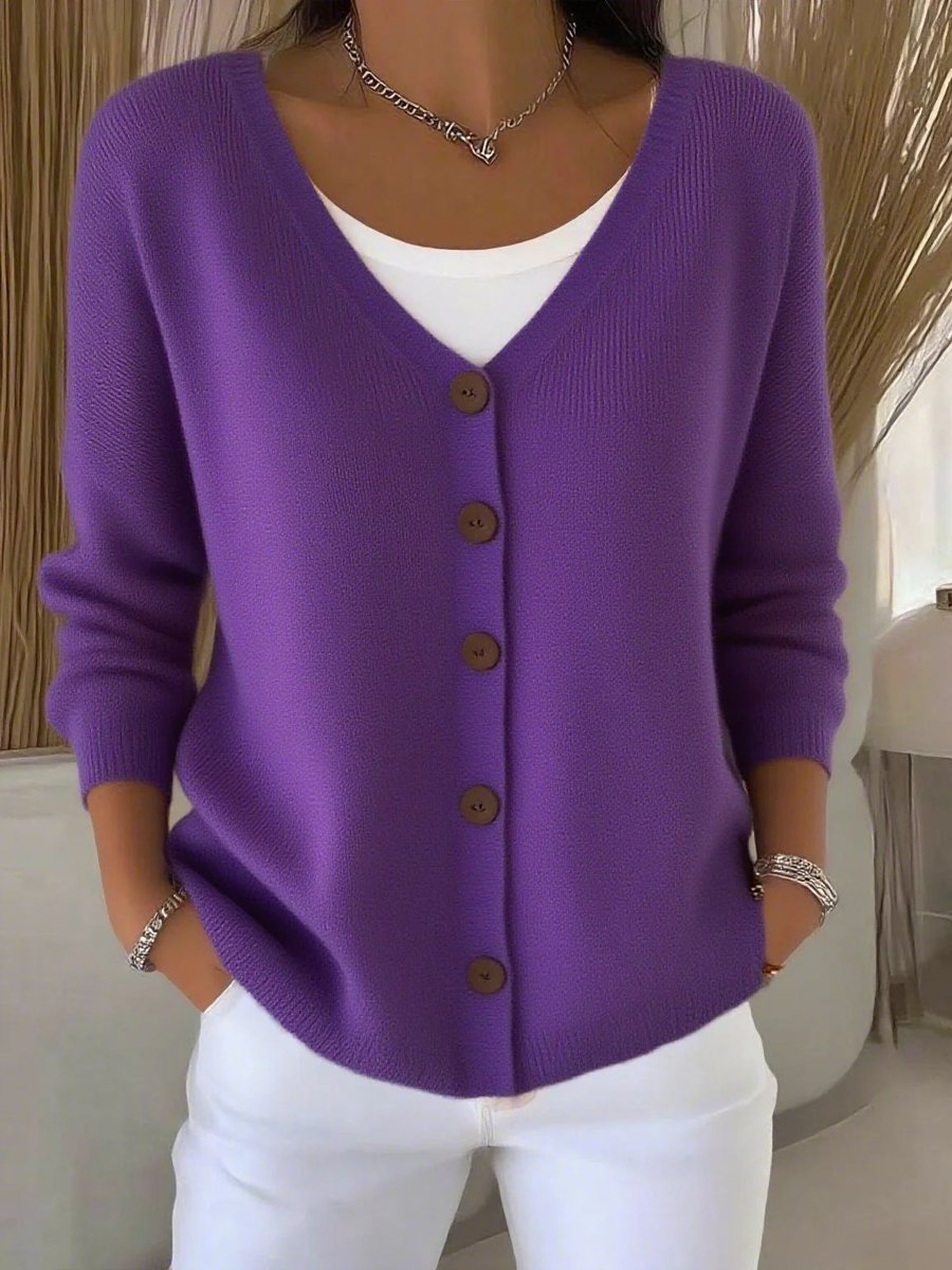 Damen Strickjacke V-Ausschnitt Langarm Knopfleiste Sweater Women - Lila