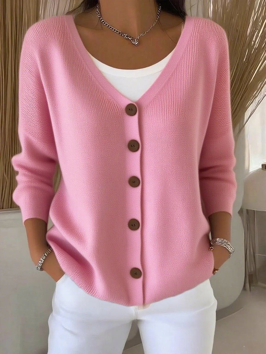 Damen Strickjacke V-Ausschnitt Langarm Knopfleiste Sweater Women - Pink