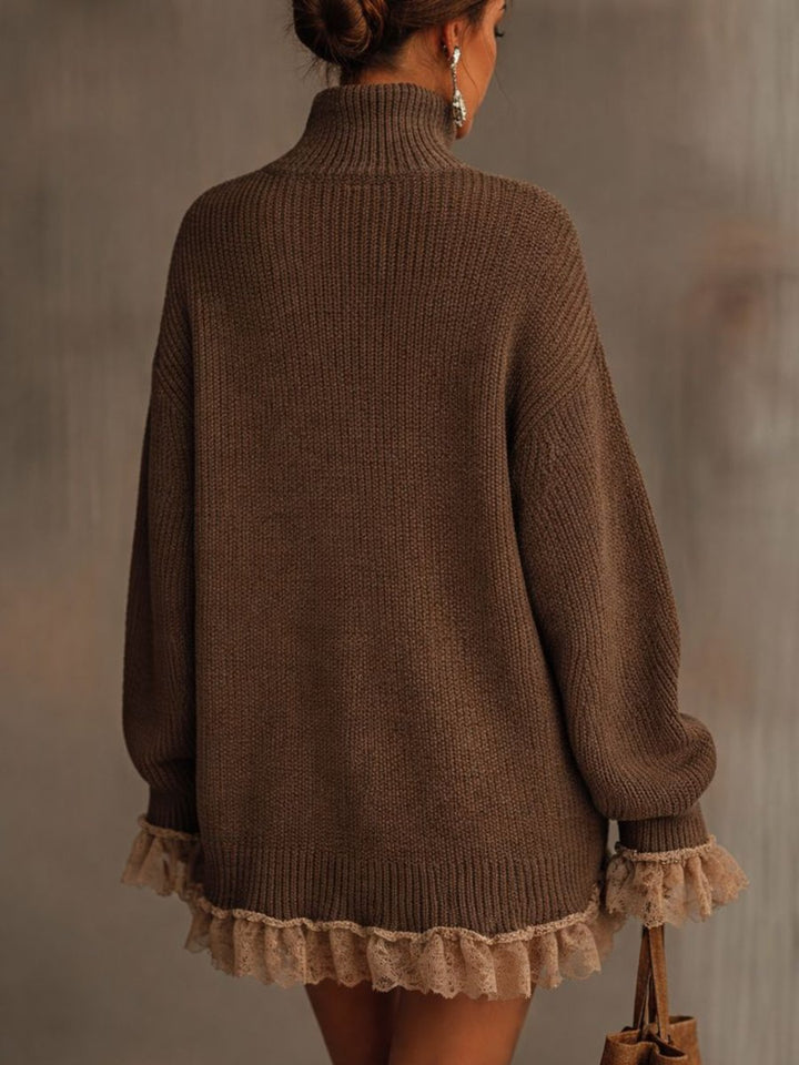 Damen Strickkleid Rollkragen Rüschen Formelle Kleider Oversized