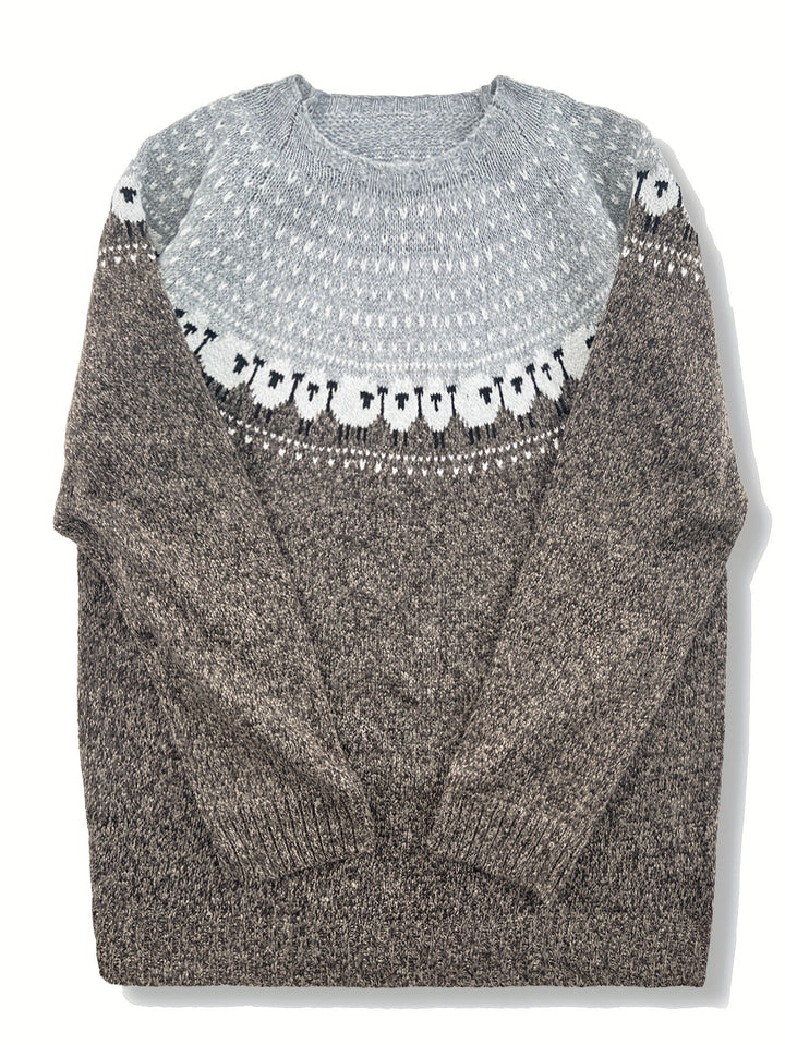 Damen Strickpullover Jacquard-Schafmuster Winterpullover