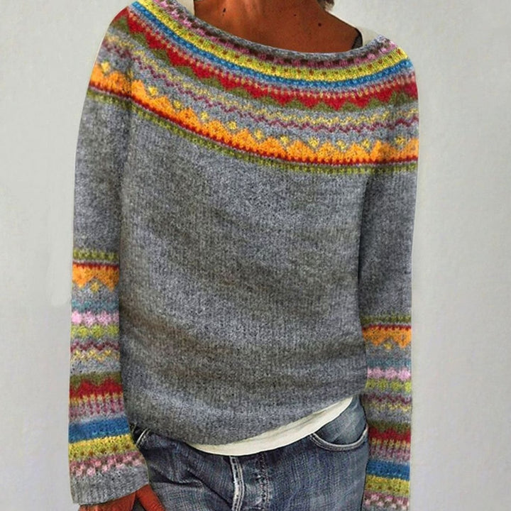 Damen Strickpullover mit Buntem Muster für den Alltag Rundhalsausschnitt - Grau / Orange