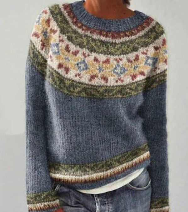 Damen Strickpullover mit Buntem Muster für den Alltag Rundhalsausschnitt - Blau