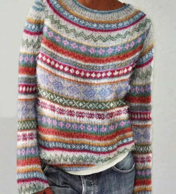 Damen Strickpullover mit Buntem Muster für den Alltag Rundhalsausschnitt - Rot-Weiß-Orange
