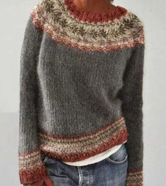 Damen Strickpullover mit Buntem Muster für den Alltag Rundhalsausschnitt - Grauer Kranz