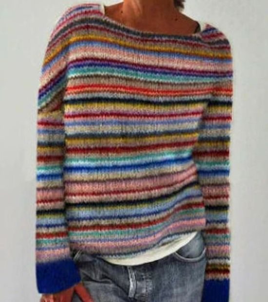 Damen Strickpullover mit Buntem Muster für den Alltag Rundhalsausschnitt - Regenbogen