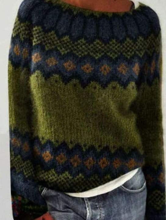 Damen Strickpullover mit Buntem Muster für den Alltag Rundhalsausschnitt - Grün