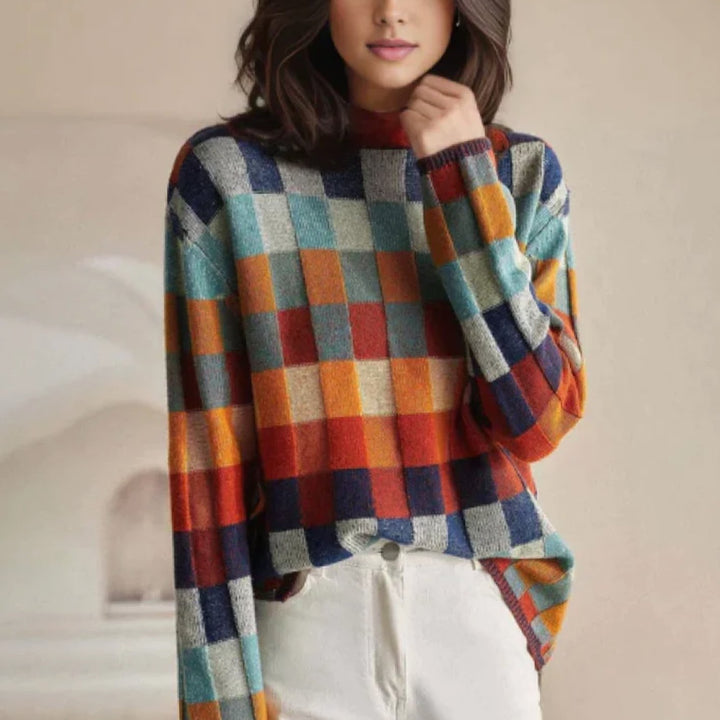 Damen Strickpullover mit Farbblock- und Karomuster Stehkragen
