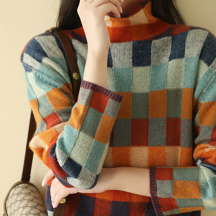 Damen Strickpullover mit Farbblock- und Karomuster Stehkragen