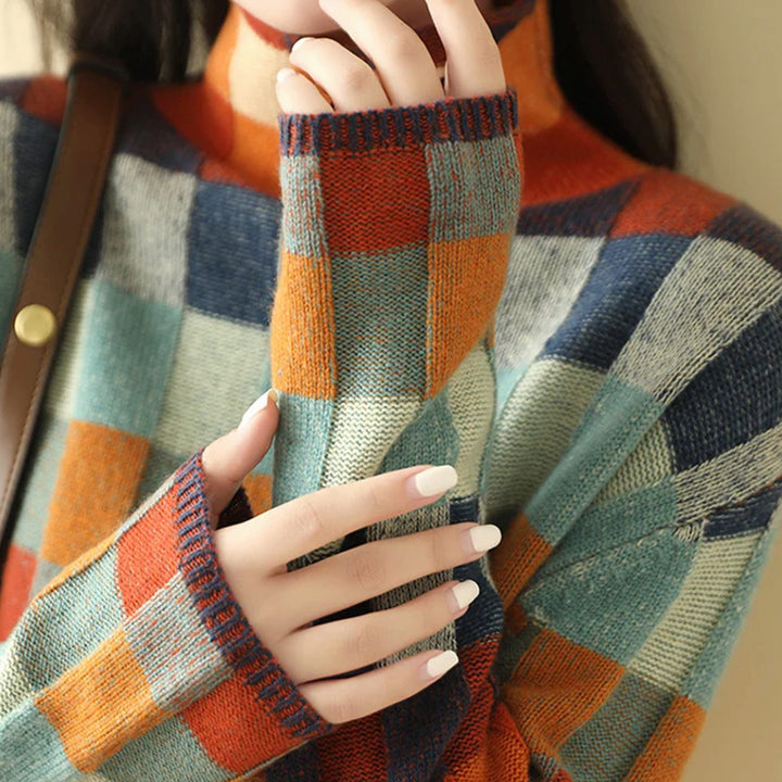 Damen Strickpullover mit Farbblock- und Karomuster Stehkragen