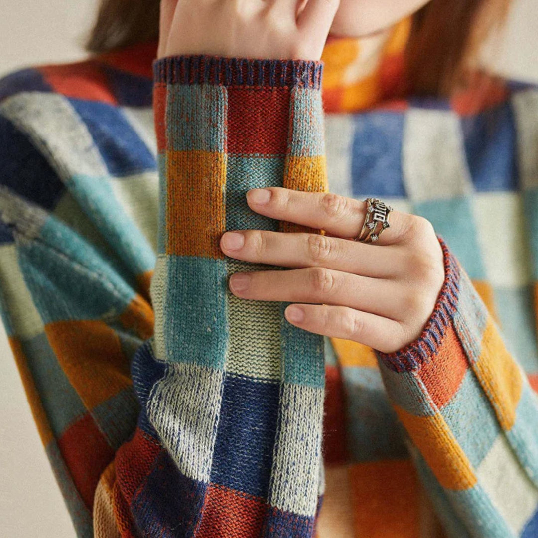Damen Strickpullover mit Farbblock- und Karomuster Stehkragen