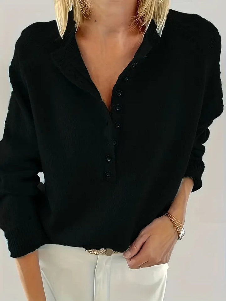 Damen Strickpullover mit V-Ausschnitt Halbknopfleiste Relaxed Fit - Schwarz