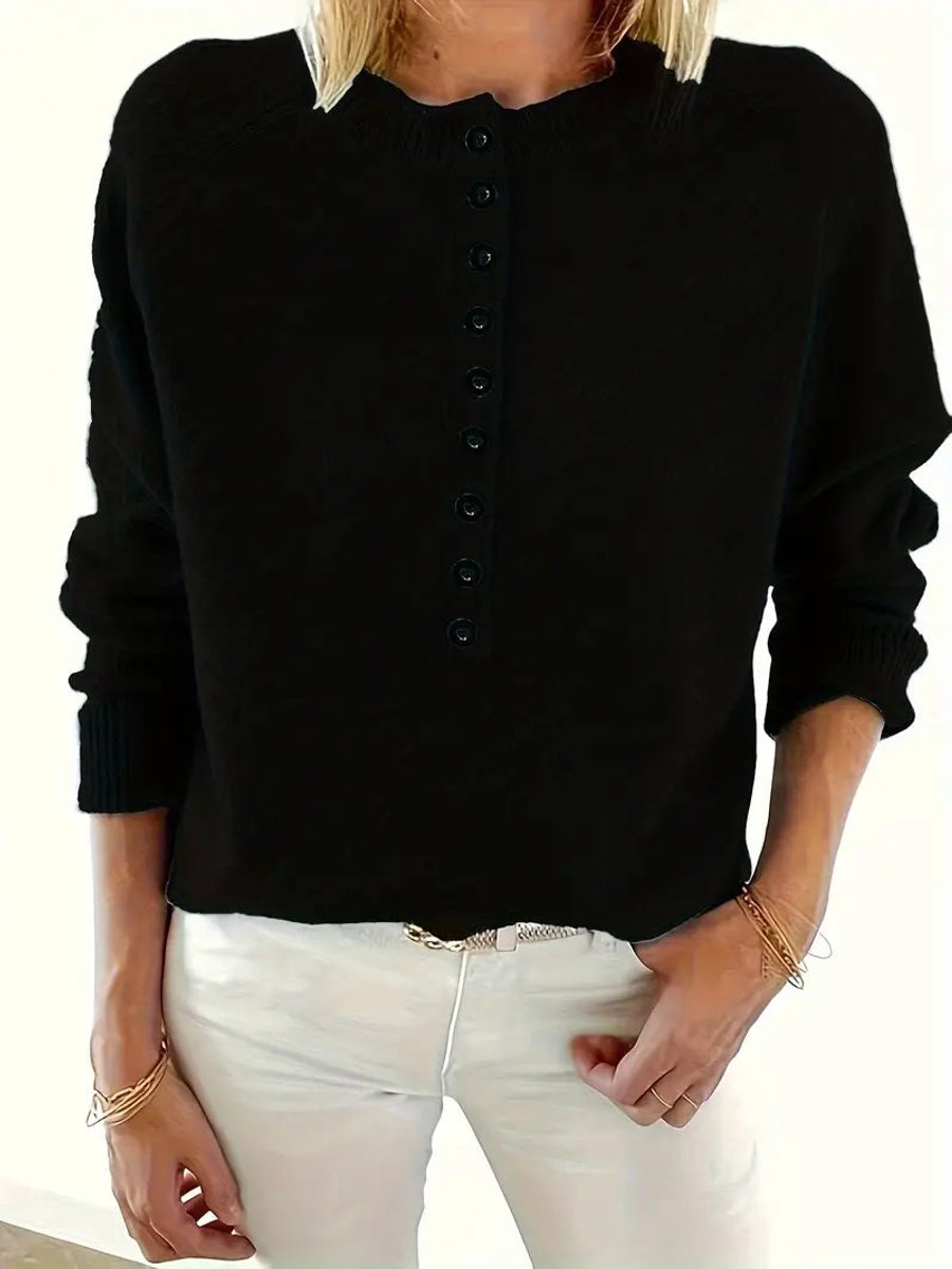 Damen Strickpullover mit V-Ausschnitt Halbknopfleiste Relaxed Fit