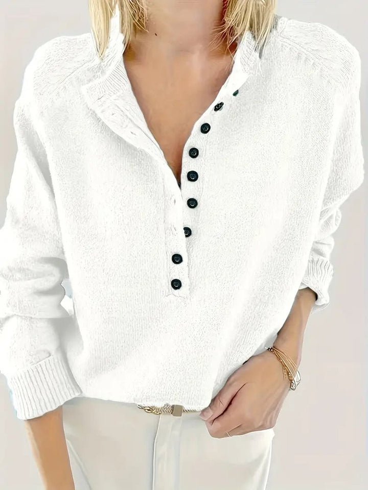 Damen Strickpullover mit V-Ausschnitt Halbknopfleiste Relaxed Fit - Weiß