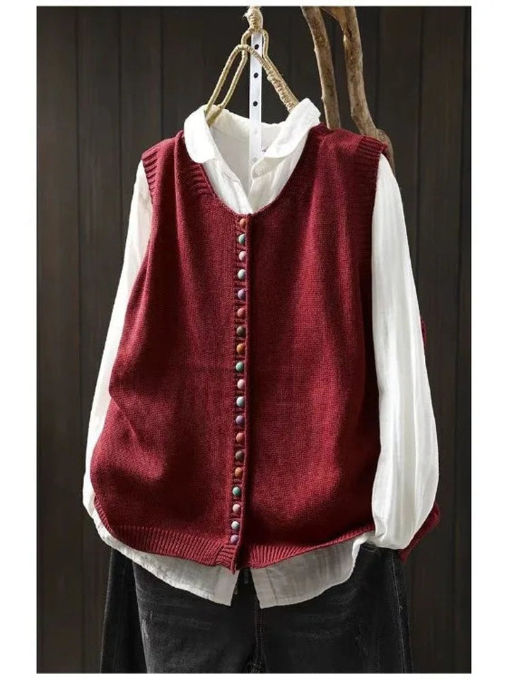 Damen Strickweste mit Knopfleiste lockerem Schnitt Rundhals - Rot