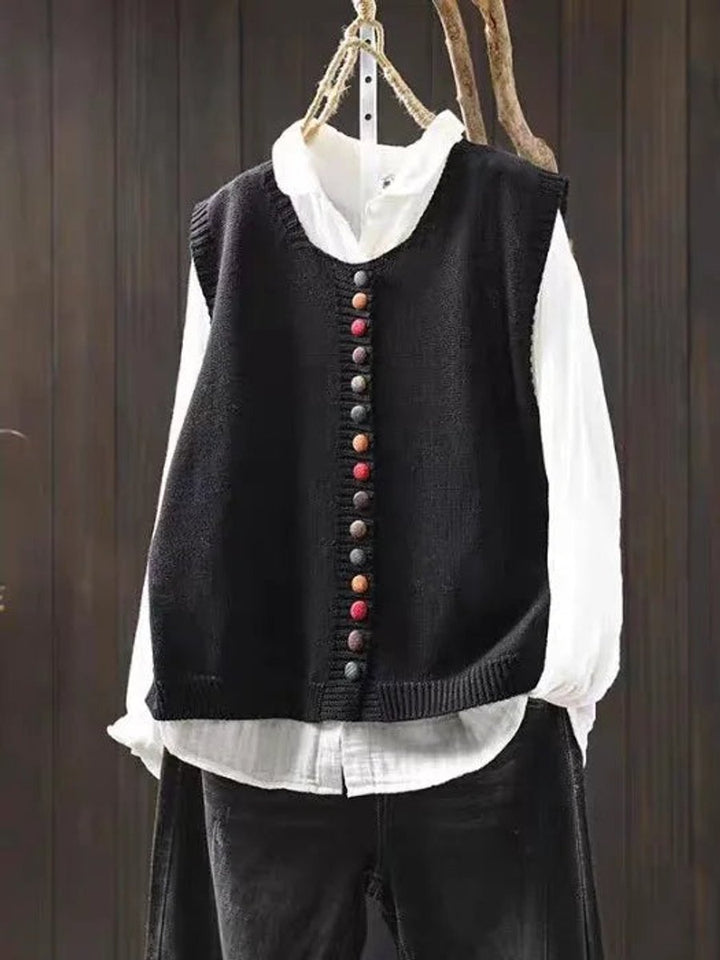 Damen Strickweste mit Knopfleiste lockerem Schnitt Rundhals - Schwarz