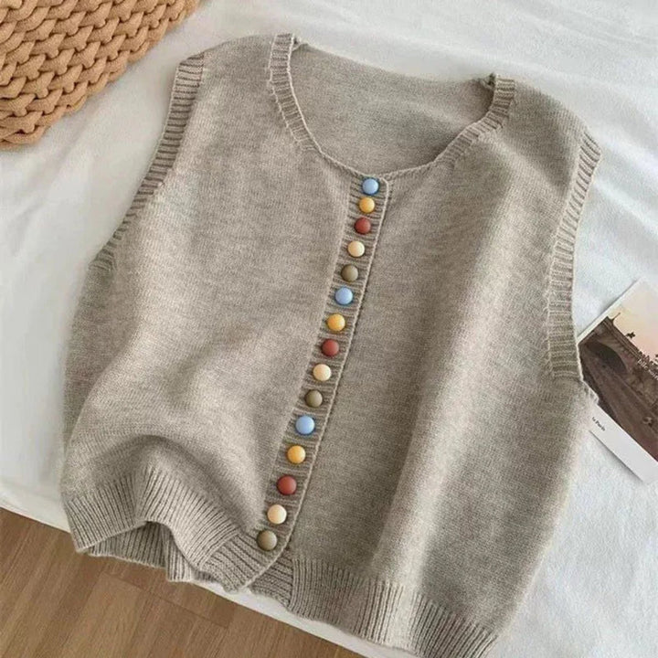 Damen Strickweste Ärmellos Bunten Knöpfen Rundhals - Aprikose