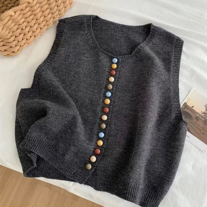 Damen Strickweste Ärmellos Bunten Knöpfen Rundhals - Grau