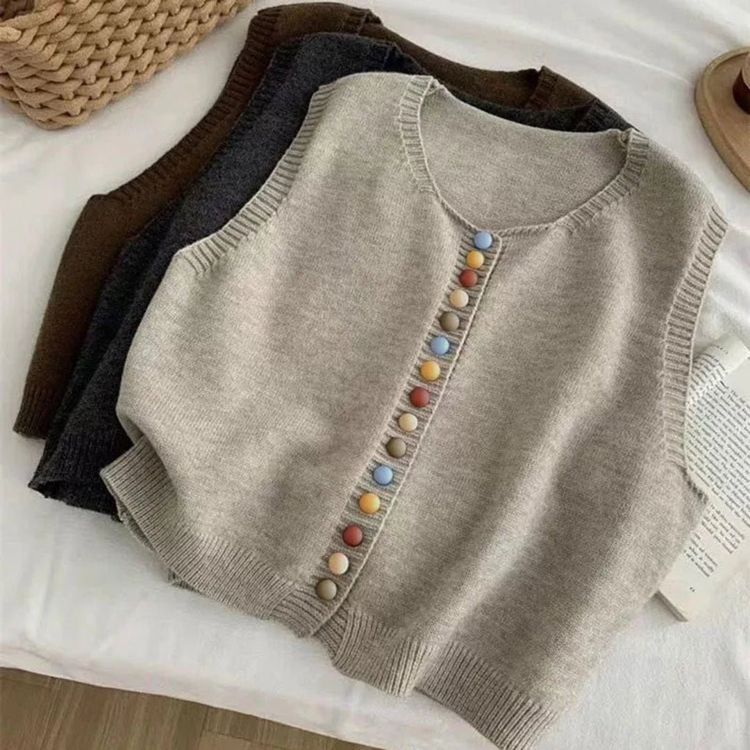 Damen Strickweste Ärmellos Bunten Knöpfen Rundhals