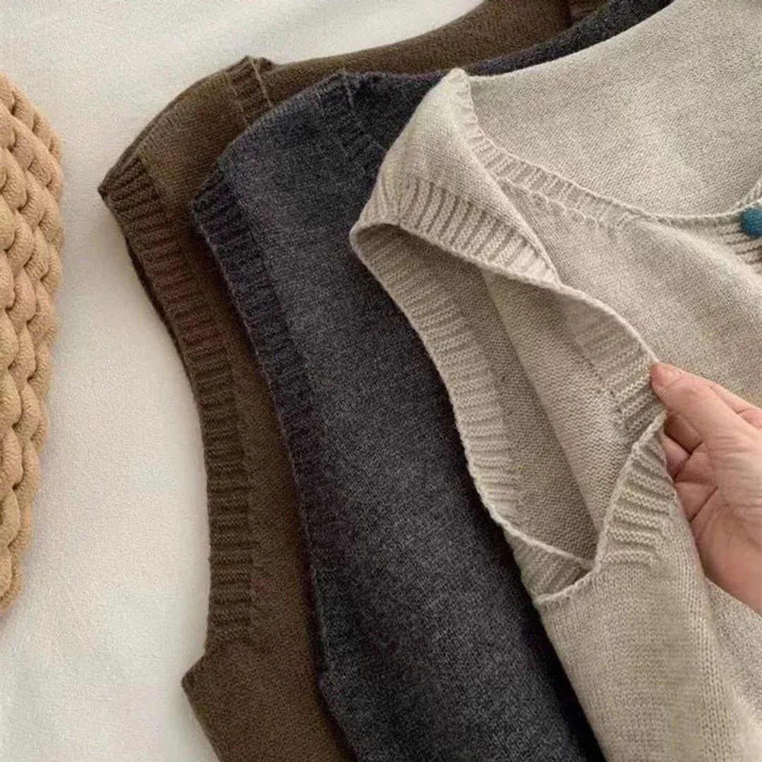 Damen Strickweste Ärmellos Bunten Knöpfen Rundhals
