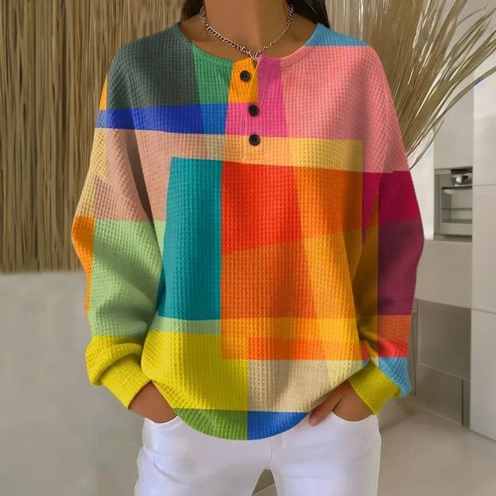 Damen Sweater Buntes Colorblock Waffle-Knit Sweatshirt mit Knöpfen - Mehrfarbig