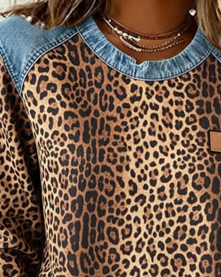 Damen Sweater Leopardenmuster Denim Patchwork Pullover Rundhals