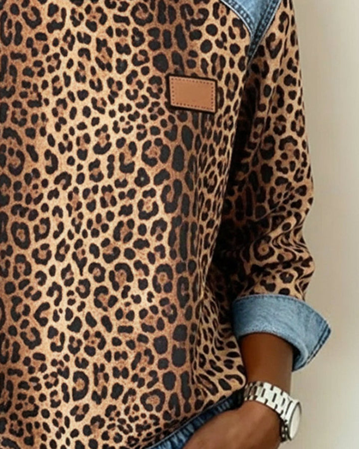 Damen Sweater Leopardenmuster Denim Patchwork Pullover Rundhals